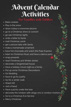 a christmas calendar with the words, activities for families with toddlers