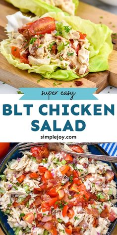 the chicken salad has lettuce, tomatoes and other vegetables in it with text overlay