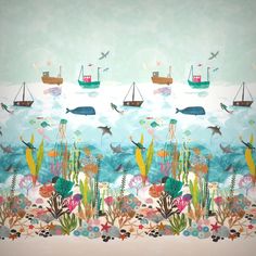 an underwater scene with boats and fish