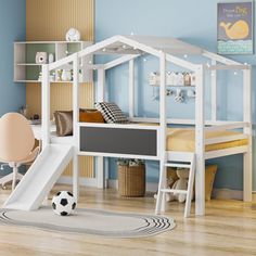 a child's bedroom with a bunk bed, slide and soccer ball on the floor