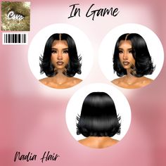 three images of a woman's face with the words in game on it and an image of her hair