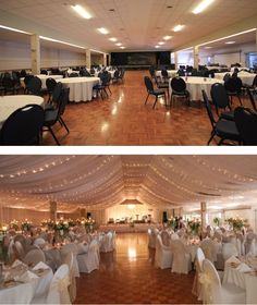 two pictures side by side with tables and chairs set up for a wedding or other function