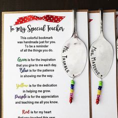 three spoons with different colored beads hanging from them on a card that says to my special teacher