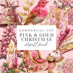 the pink and gold christmas clipart pack is featured in front of a pink background