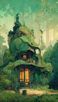 a painting of a house in the middle of a forest with lots of trees and plants