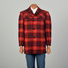 This listing is for one jacket made by Pendleton. Fantastic bold red plaid make this jacket a real stand out in any crowd. Leather knot buttons round out this beautiful jacket waiting to keep someone warm and styled. Condition: Very Good  Condition Details: Interior has very slight signs of wear, but this is not visible when worn - see photos.  Size Marked: Unmarked  Approximate Size: Large **Please Check Measurements to be Sure! Textile: Wool  Lining Type: Fully Lined Closure: Front Buttons  Label: Pendleton  Era: 1950s Measurements- Shoulder to Shoulder:  19" Shoulder to Cuff:  23" Chest/Bust:  46" Waist:  46" Hips:  46" Length:  33.5" All measurements taken with garment flat and doubled when necessary.  **New listings every week. Come back often to see what's new SKU#: SS.4949 Red Plaid Coat, Pendleton Wool, Plaid Coat, Lumberjack, Historical Fashion, Wool Blazer, Red Plaid, Hunting, Mens Jackets