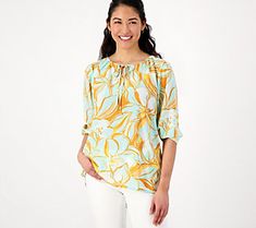 A touch of the tropics to brighten up any day, this beautiful blouse brings vacation vibes to any outing or occasion. From Belle by Kim Gravel. Kim Gravel, Beautiful Blouses, Sleeve Blouse, Bring It On