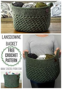 there is a crochet basket with yarn in it and the bottom has balls of yarn inside