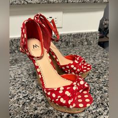 Red And White Polka Dot Wedge Sandals From Just Fab Shoes. Women’s Size 7. Never Worn (Too Small When Purchased And Non-Returnable). Minor Discoloration From Storage. Red Ankle Strap Wedge Sandals For Vacation, Red Synthetic Heels For Vacation, Red Fabric Open Toe Heels, Casual Red Fabric Heels, Red Fabric Heels With Round Toe, Red Fabric Heels For Spring, Fab Shoes, Just Fab Shoes, Justfab Shoes