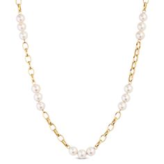 Paperclip style links alternate with round links to present beautiful freshwater cultured pearl stations for an on-trend look with a touch of timeless elegance.  Due to the unique nature of pearls, shade of color, shape or texture, may vary slightly from photo. Cheap Cream Pearl Chain Jewelry, Elegant Oval Link Pearl Chain Jewelry, Elegant Necklace With Oval Link Pearl Chain, Classic Chain Necklace With Pearl Charm For Formal Occasions, Classic Pearl Chain Necklace, Classic Formal Chain Necklace With Pearl Charm, Classic Pearl Chain Necklace For Formal Occasions, Classic Pearl Chain Necklace For Formal Events, Classic Yellow Gold Pearl Chain Necklace