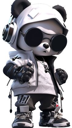 a panda bear dressed in all black and white with headphones on, standing up