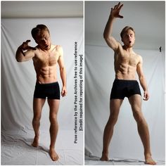 two pictures of a man with no shirt standing in front of a white backdrop and holding his hand up