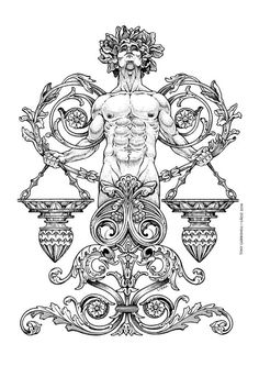 a drawing of a male figure surrounded by ornate ornaments