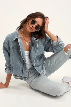 Denim Clothing for Women | Denim Clothes | Denim Jeans & Shorts Denim Utility Jacket, Light Wash Denim Jacket, Retro Jacket, Oversized Denim Jacket, Cropped Denim, Light Wash Denim, Denim Outfit, Latest Fashion For Women, Denim Wash