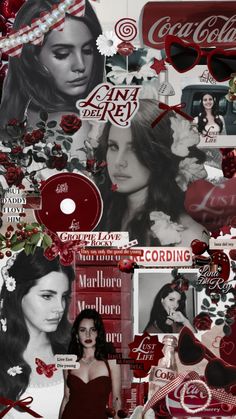 the collage is made up of red and white images with hearts, flowers, and other things