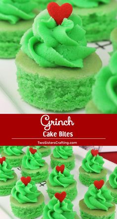 cupcakes with green frosting and red hearts on top are sitting on a plate