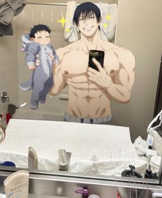 a man holding a cell phone standing in front of a mirror with an anime character on it