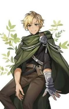 an anime character with blonde hair and green cape