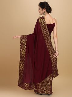 Maroon and gold-toned sareeSolid woven design saree with woven design borderHas patchwork detailThe saree comes with an unstitched blouse pieceThe blouse worn by the model might be for modelling purpose only. Check the image of the blouse piece to understand how the actual blouse piece looks like. Semi-stitched Pre-draped Saree With Zari Weaving For Navratri, Festive Semi-stitched Pre-draped Saree For Puja, Designer Georgette Pre-draped Saree With Zari Weaving, Eid Pre-draped Saree With Dupatta, Semi-stitched Bollywood Saree With Printed Border, Anarkali Pre-draped Saree With Printed Border For Festivals, Diwali Pre-draped Saree With Zari Weaving, Semi-stitched Georgette Pre-draped Saree With Self Design, Semi-stitched Saree For Eid With Traditional Drape