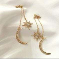 Gold Moon & Star Earrings. Gold Plated. Aprox 4" Drop. Very Pretty And Unique. **Always Bogo Buy2 Get1 Free- @Pepepizzazz **I Accept Reasonable Offers *** Bundle! The More You Bundle The Better The Discount Dangling Star Earrings, Gold Prom Accessories, Prom Purple, Black Crystal Earrings, Faberge Jewelry, Gold Star Earrings, Prom Accessories, Moon And Star Earrings, Prom Earrings