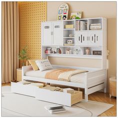 a bedroom with a bed, bookcases and drawers on the wall above it