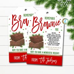 two christmas gift tags with brownies on them