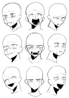 the various facial expressions in an anime character's head, with different angles to each face