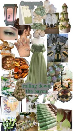 a collage of green and white items with words reading rolling down the bayout