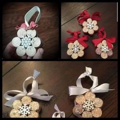 four different pictures of christmas ornaments made out of ribbon and bows, with snowflakes on them