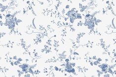 a blue and white floral wallpaper with many different types of flowers on the side