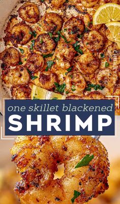 one skillet blackened shrimp is served with lemon wedges and parsley