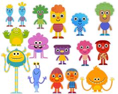 an assortment of cartoon characters with different facial expressions and body shapes, all in various colors