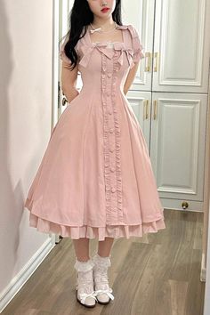 SKU: LIN02073 Fabric: Chiffon Style types: Sweet Lolita Season: Spring, Summer, Autumn, Winter Include: Dress*1 + Neckline Bowknot*1 + Small Bowknot*2 + Lace Collar*1 Size(IN) Bust Waist Sleeve Length Shoulder Width Length S 30.71-34.65 23.62-27.56 9.65 14.57 43.31 M 33.07-37.01 25.20-29.13 10.43 15.16 43.31 L 35.43-39.37 27.56-31.50 11.42 15.75 44.09 XL 38.98-42.91 29.92-33.86 12.60 16.54 44.09 XXL 43.31-47.24 35.04-38.98 13.39 17.32 45.28 XXXL 47.24-51.18 39.37-43.31 14.17 18.11 45.28 Size(CM) Bust Waist Sleeve Length Shoulder Width Length S 78-88 60-70 24.5 37 110 M 84-94 64-74 26.5 38.5 110 L 90-100 70-80 29 40 112 XL 99-109 76-86 32 42 112 XXL 110-120 89-99 34 44 115 XXXL 120-130 100-110 36 46 115 Cute Dress For Winter, Cute Dresses Knee Length, Elegant Picnic Outfit, Ballet Core Plus Size, Vintage Pink Outfits, Winter Dress Aesthetic, Cute Knee Length Dresses, Merchant Outfit, Doll Inspired Outfits