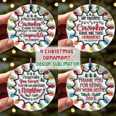 four christmas ornaments with words on them