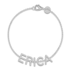 Dainty yet bold, customize your bracelet with a meaningful name or word. Set with sparkling white diamonds and stationed along a 10K white gold chain, the total diamond weight is 3/4 carat and the chain secures in place with a lobster clasp. From the Juliette Maison collection. This bracelet may be personalized with 1 to 5 letters. Meaningful Names, White Gold Chain, Jared The Galleria Of Jewelry, White Gold Chains, Name Bracelet, Diamond Bracelets, White Diamonds, Diamond White, Personalized Jewelry