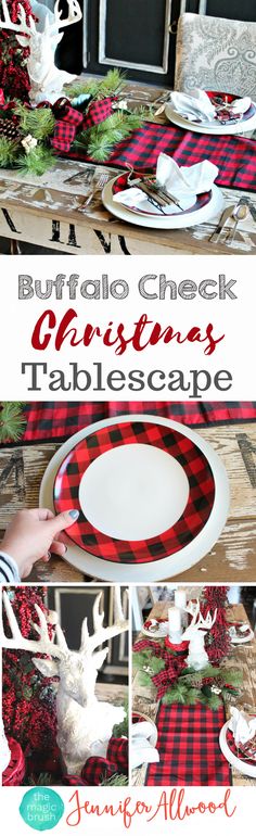 buffalo check christmas tablescape with red and black plaid place mats, deer head plates, antlers and pine cones