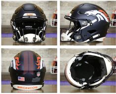 four different views of a football helmet with orange and white designs on the front, side, and back