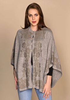 Taupe Melange Knitted Fine Wool Collared Cape With Dk. Taupe Floral Lace Applique Dark Taupe