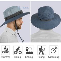 Sun Protection Safari Hat Wide Brim Fishing Hiking Boonie Cap for Men Women It is a premium quality sun hat for sun precaution. It has incredibly ability of breathable and comfortable. The contour is so free and fashionable. The greatest hat there has ever been, or ever will be in summer for talent showing itself. It is really suitable for camping , cycling or Fishing. ONE SIZE FITS MOST Casual style unisex sun hat, snug and cosy fit. Head brim 3.7", overall diam 15.5", head diam 7, head circumference 23.8". One size fits most adults head size. SUN PROTECTION UV protection micro-fiber features 100 SPF/ UPF 50. Keeps the sun from your face and neck and offers great protection from the damaging rays. High quality micro-fiber material. ADJUSTABLE The sun hat has an adjustable chin strap to ke Wide Brim Bucket Hat For Summer Outdoor Work, Brimmed Sun Hat For Summer Outdoor Work, Brimmed Sun Hat For Outdoor Work In Summer, Wide Brim Sun Hat For Summer Outdoor Work, Wide Brim Sun Hat For Outdoor Work In Summer, Adjustable Summer Bucket Hat For Outdoor Work, Adjustable Summer Bucket Hat For Outdoor, Summer Hats With Curved Brim For Outdoor Work, Curved Brim Hats For Outdoor Work In Summer