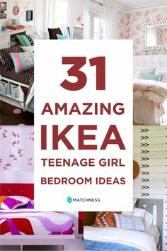 the bedroom is decorated in pink, blue and white with text that reads 31 amazing ikea teenage girl bedroom ideas