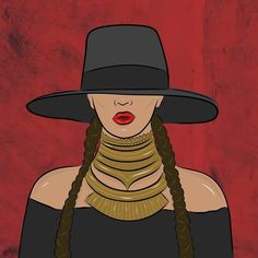 a woman with braids wearing a black hat and neck chain on her neck is standing in front of a red wall