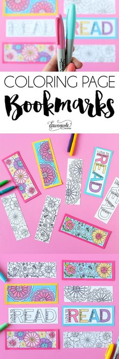 coloring page bookmarks with markers and pencils on a pink surface next to them