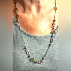 This Is An Unused Fashion Necklace - Goes On Over Head And Hangs Just Below The Chest. It Has Metallic Silver Beads, Translucent Light Green Stones, And Unique Detailed Metalwork. It’s Quite Pretty In Person. Versatile To Wear To Work Or Wear Out! Beaded Necklace With Silver Chain, Elegant Silver Beaded Necklace With Faceted Beads, Silver Sterling Silver Beaded Necklace With Adjustable Chain, Elegant Silver Beaded Chain Necklaces, Elegant Green Jewelry With Silver Beads, Silver Beaded Necklace With Silver Chain For Party, Silver Metal Jewelry With Faceted Beads, Silver Beaded Necklaces With Round Beads, Elegant Silver Beaded Chain Necklace