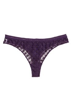 Sheer Valenciennes lace brings a luxe, dramatic look to a French-designed tanga fashioned with eco-friendly embroidery. Cotton-lined gusset 53% recycled polyester, 23% polyamide, 13% cotton, 11% elastane Hand wash, dry flat Imported This product meets Nordstrom Sustainably Sourced Materials criteria: contains at least 30% sustainably sourced materials Euphoria Purple, Cheap Purple Stretch Intimates, Cheap Lavender Intimates, Lavender Fitted Intimate Briefs, Luxury Lace Brief Intimates, Cheap Purple V-neck Intimates, Simone Perele, Embroidery Cotton, Dramatic Look