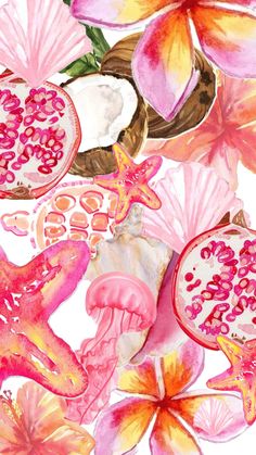 a watercolor painting of flowers and shells