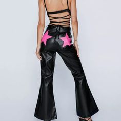 Nasty Gal Brand Size 08 (Us) Faux Leather Black Pants With Stars On The Back Pockets. Petite Size. Punk Wide Leg Party Pants, Punk Style Wide Leg Pants For Party, Punk Style Wide Leg Party Pants, Punk Faux Leather Bottoms For Party, Punk Style Faux Leather Bottoms For Party, Punk Style Faux Leather Party Bottoms, Chic Pink Faux Leather Bottoms, Punk Style Faux Leather Pants For Party, Pink Leather Pants For Spring Night Out