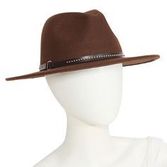 This a.n.a women's fedora is a chic cold-weather accessory to have on hand. Crafted from felt-like fabric with a contrasting studded faux leather trim around the base, this hat is a must-have to wear with your favorite outfits.Base Material: 100% PolyesterCare: Spot CleanBrim Width: 3 InchCountry of Origin: Imported Chic Wool Fedora For Winter, Chic Winter Wool Fedora, Elegant Felt Hat For Travel In Fall, Elegant Felt Hat For Fall Travel, Chic Brown Felt Hat For Winter, Chic Fur Felt Fedora For Fall, Chic Wool Fedora For Fall, Chic Wool Felt Hat For Fall, Wool Hat Bands For Fall