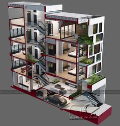 an artist's rendering of a multi - story house with stairs and balconies