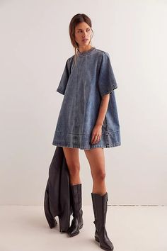 Harlow Mini Dress | Free People Relaxed Fit Denim Dress With Short Sleeves, Cotton Denim Dress With Frayed Hem And Short Sleeves, Relaxed Fit Mini Length Denim Dress In Medium Wash, Relaxed Fit Medium Wash Denim Mini Dress, Medium Wash Relaxed Fit Mini Denim Dress, Denim Blue Mini Denim Dress With Relaxed Fit, Denim Blue Mini Length Relaxed Fit Denim Dress, Denim Dress With Relaxed Fit And Short Sleeves, Short Sleeve Denim Dress With Relaxed Fit