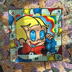 an image of a cartoon character surrounded by dollar bills and cash bill art work in progress